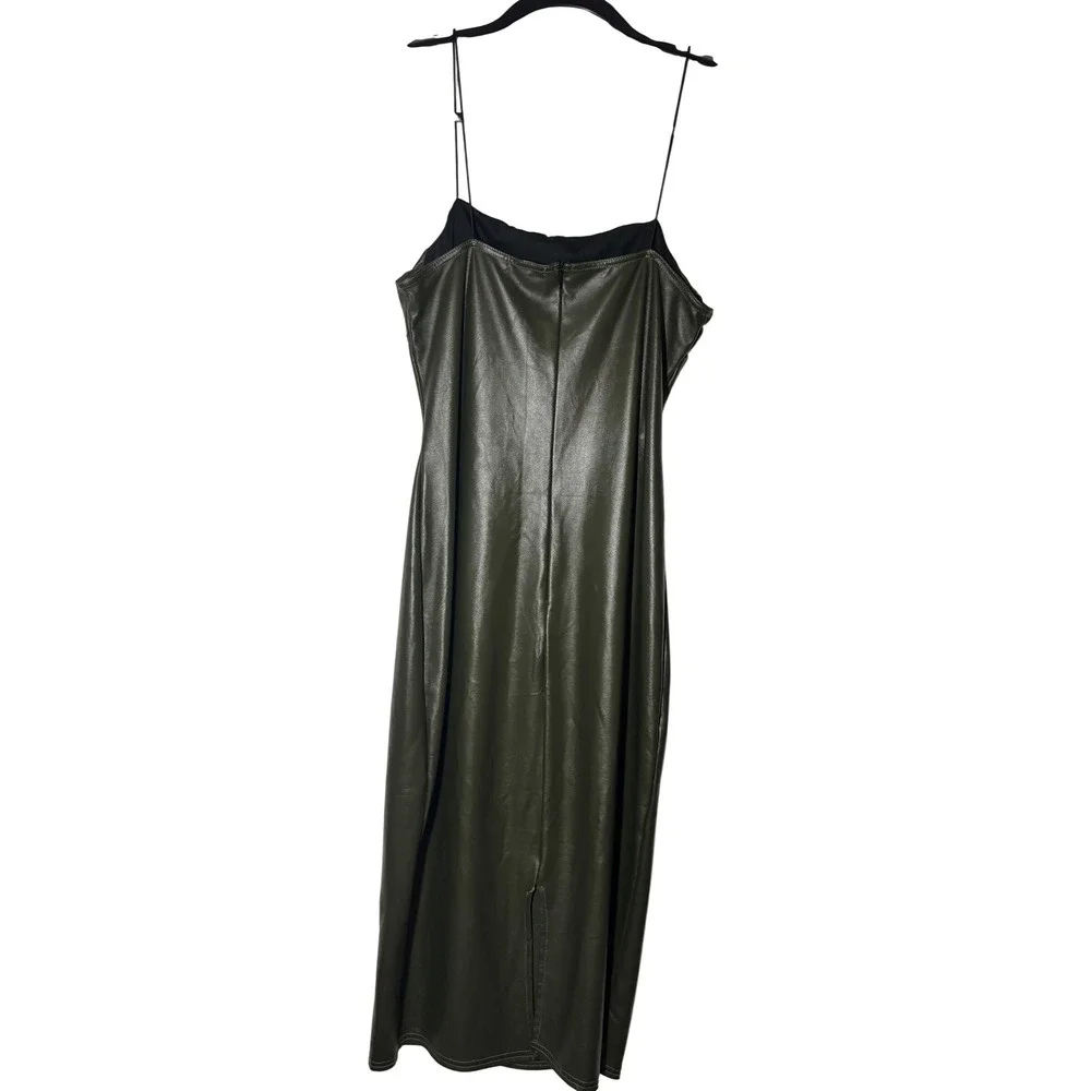 Boohoo Faux Leather Midi Dress Womens Olive Green Good Condition Bodycon Size 10